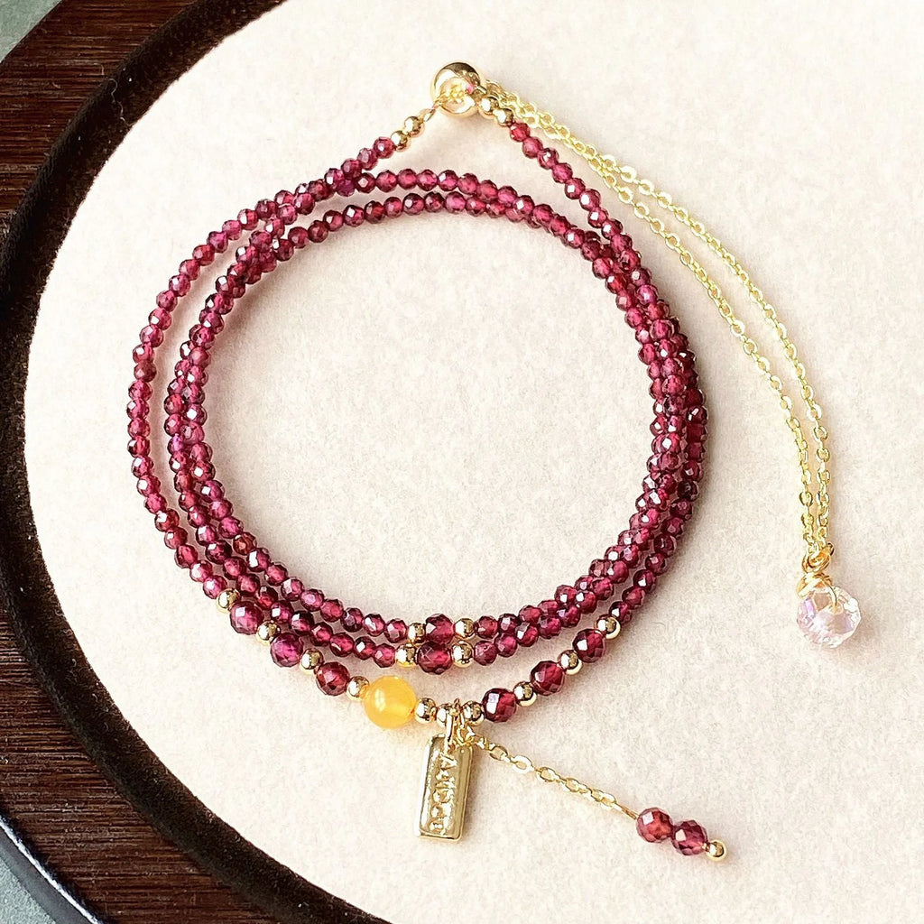 Garnet wine red three circle bracelet necklace with beeswax cut surface detailing
