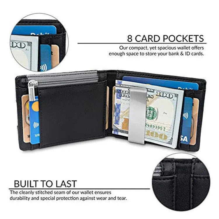 Men's black fibre leather card holder money clip wallet with horizontal square shape and cash clip open