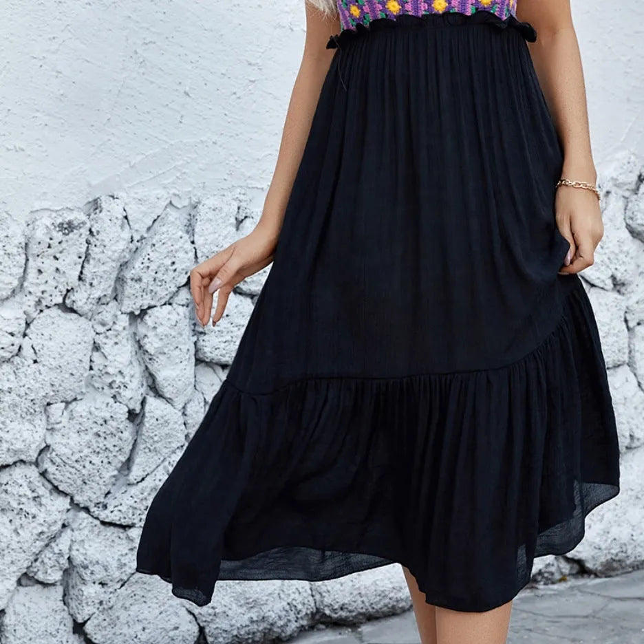 Purple women's sleeveless dress with hand hook flower stitching on cotton blend fabric, acrylic skirt.