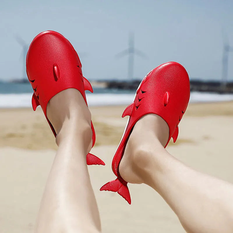Shark slippers PVC flat slippers for women and men closed-toe design available in black blue green grey