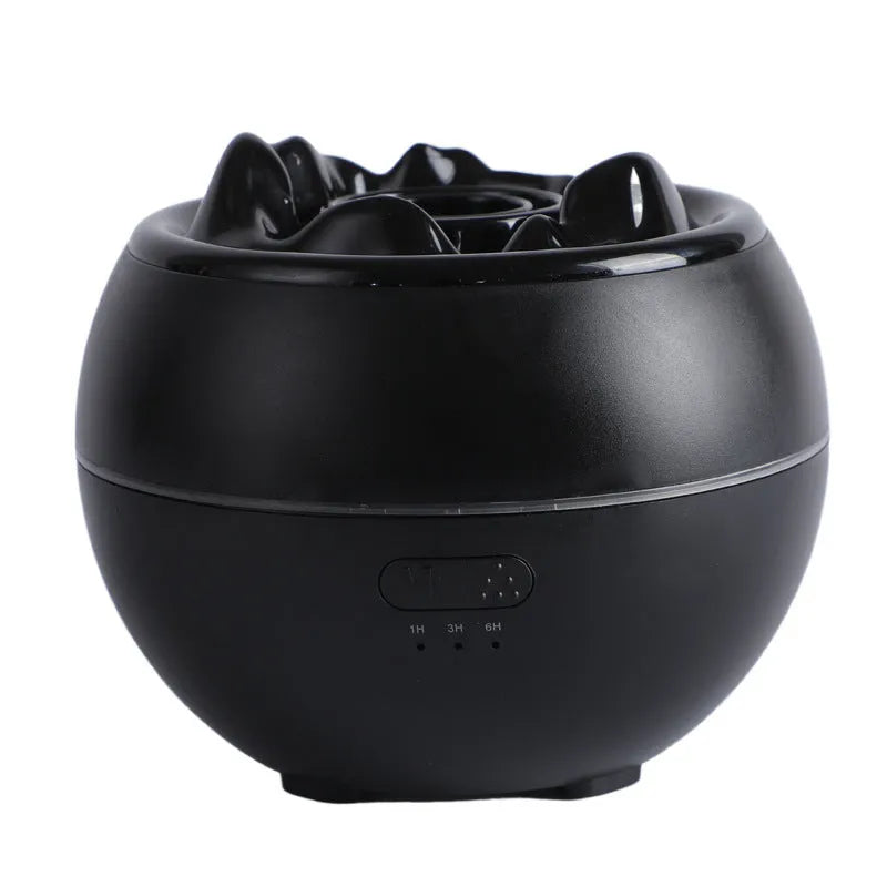 White round desk aroma diffuser humidifier with timer buttons and USB cable