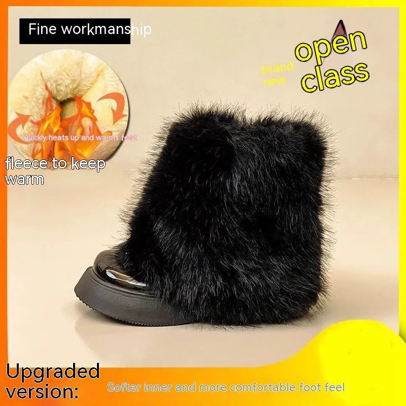 Women's black artificial plush low-top snow boots with a round toe and waterproof rubber sole.