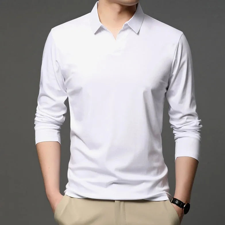 Men's solid colour cotton long sleeve shirt with lapel collar, shown in white, grey, or black