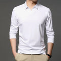 Men's solid colour cotton long sleeve shirt with lapel collar, shown in white, grey, or black