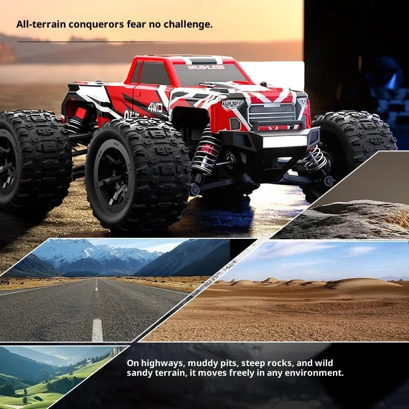 Four-wheel drive brushless remote control car in black with orange wheels on rough ground