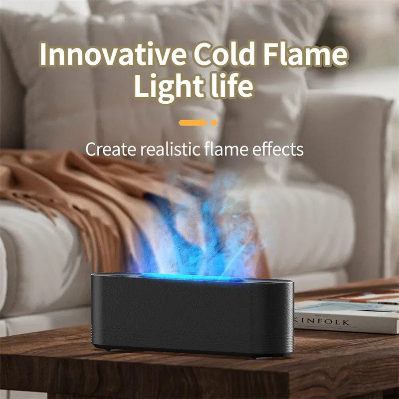 Black ultrasonic aromatherapy diffuser with LED flame lights emitting cool mist vapour