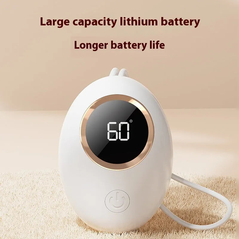A portable hand warmer and power bank unit with a digital display, shown in various colour options.