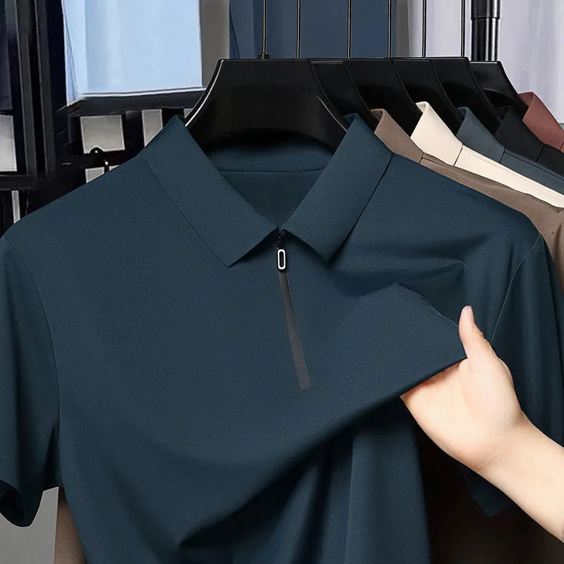 Men's half zipper seamless polo shirt in solid colour with short sleeves, ice silk fabric, regular fit
