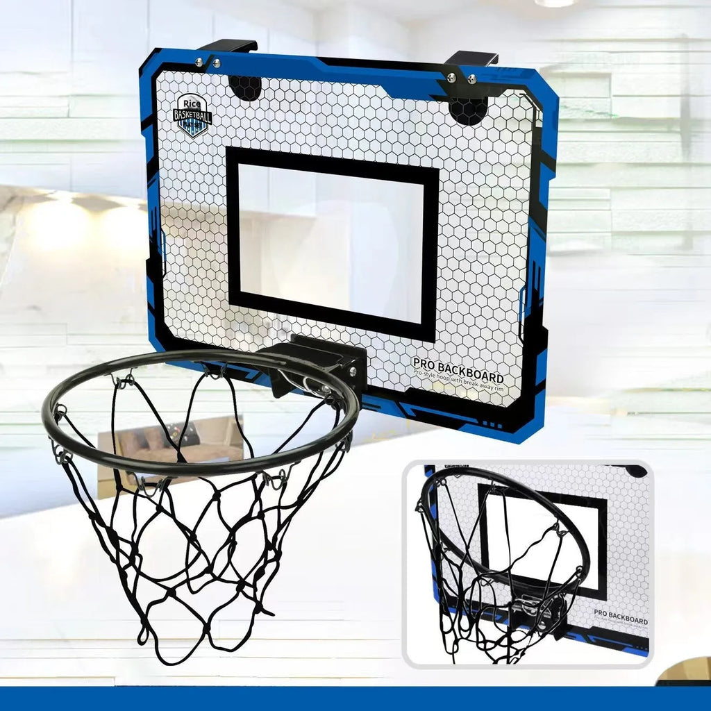 Red and blue folding basketball frame with suction cups and iron hook for dunking or ball storage.