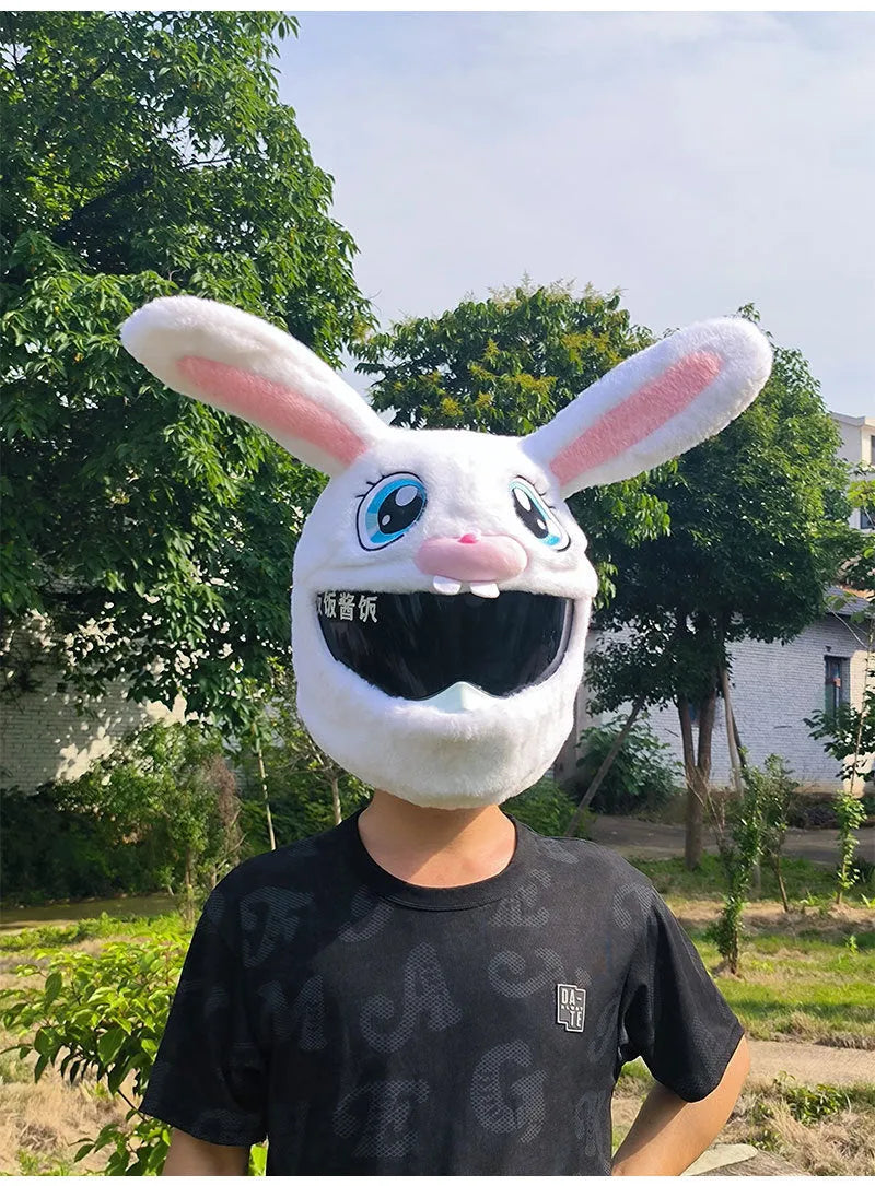 White rabbit plush helmet cover for electric motorcycle with long ears.