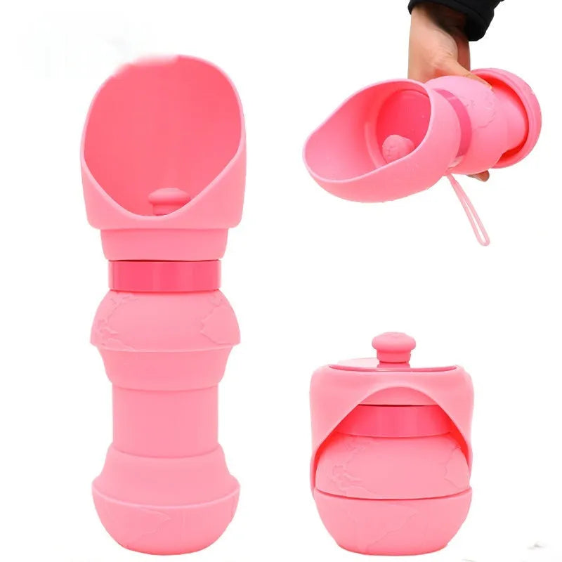 A pink silicone folding cup for pets, shown both expanded as a water bowl and collapsed flat for storage.