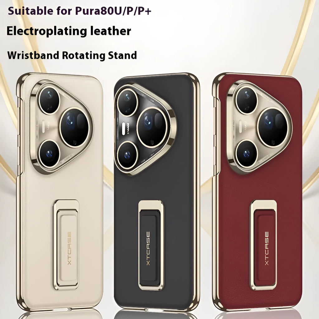 Huawei Pura80Ultra imitation leather phone case with gold wrist strap and rotating bracket in bright gold, master red, and black colour options
