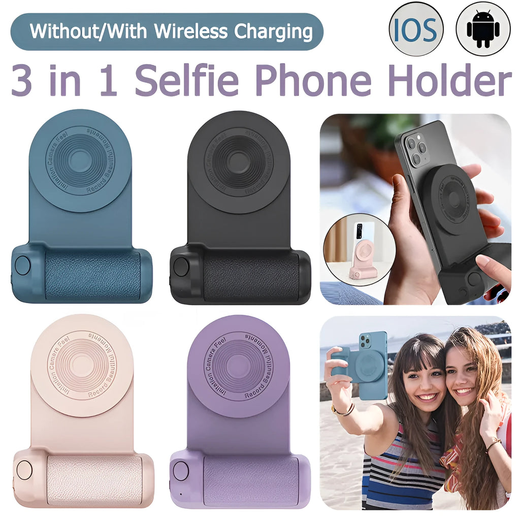 Black magnetic camera bracket with rotatable phone holder and PU leather grip