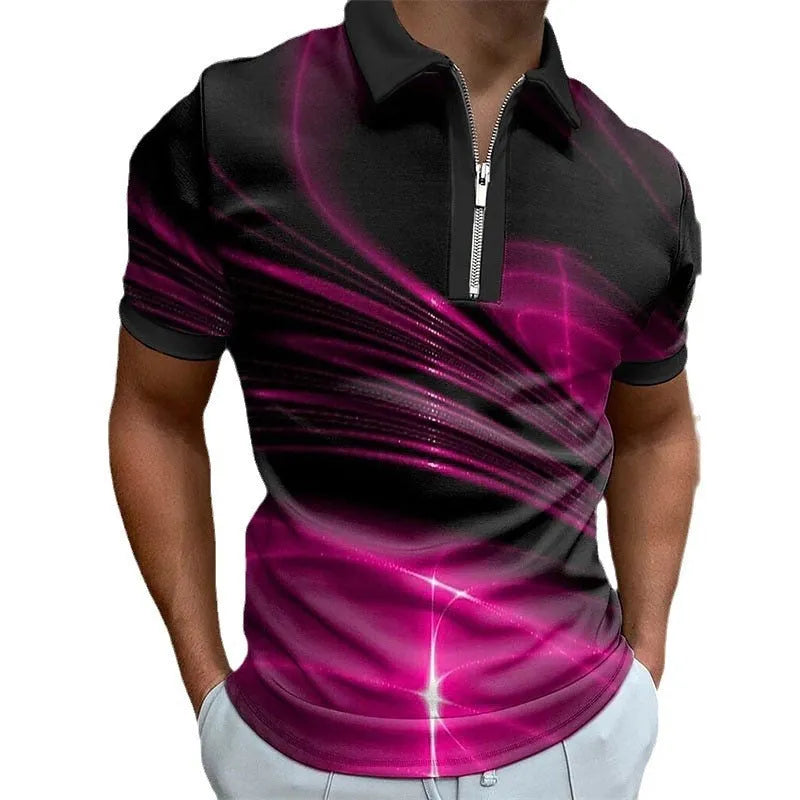 Men's blue lapel collar zipper polo shirt with printed design and short sleeves