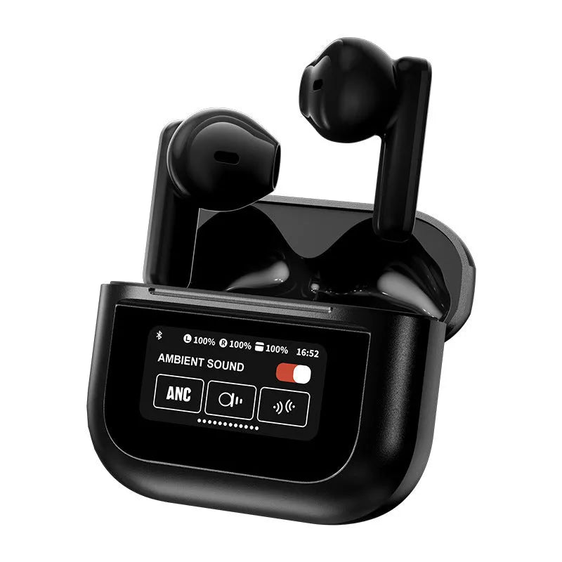 Bluetooth headset with full-colour LCD touch screen showing YX28 display in white colour option