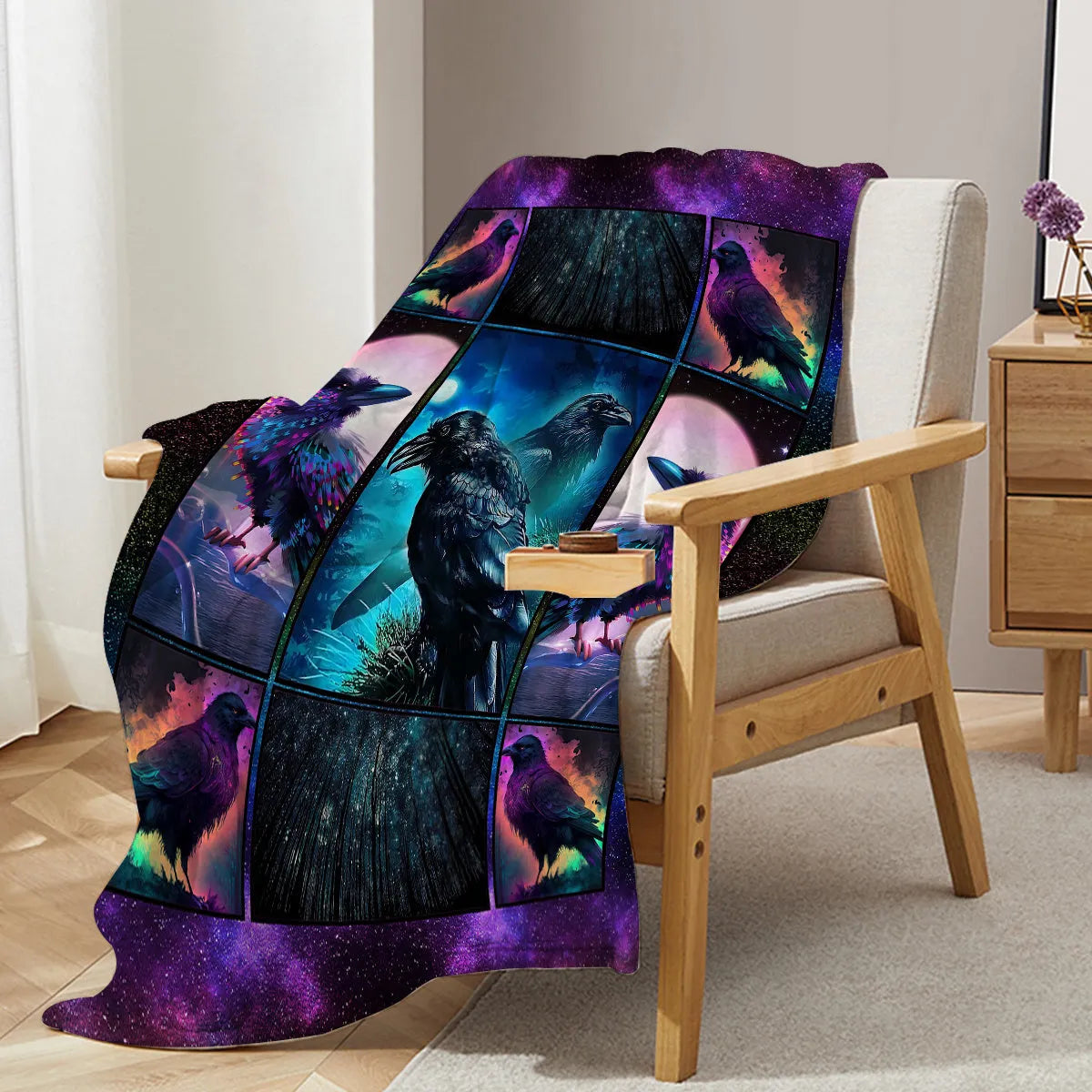 Multicoloured flannel velvet blanket with raven print, three size options, hemmed edges for durability