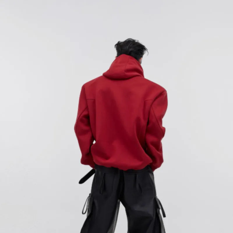 Men's red hooded sweater with metal three-dimensional printing and structured shoulder pads on loose fit