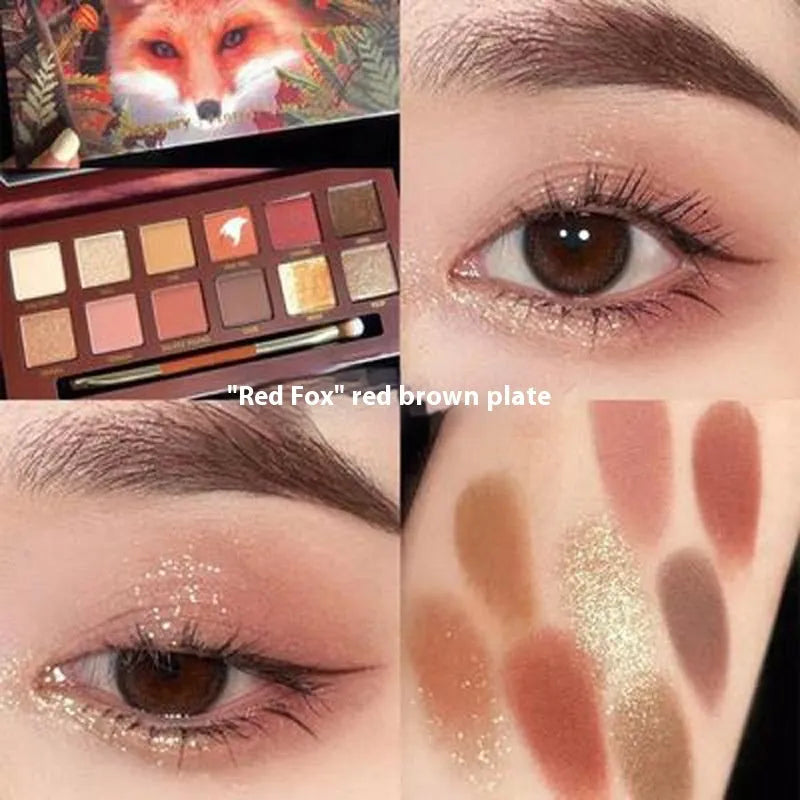 Explorer twelve-colour animal eye shadow plate showing twelve pressed powder shades in compact palette
