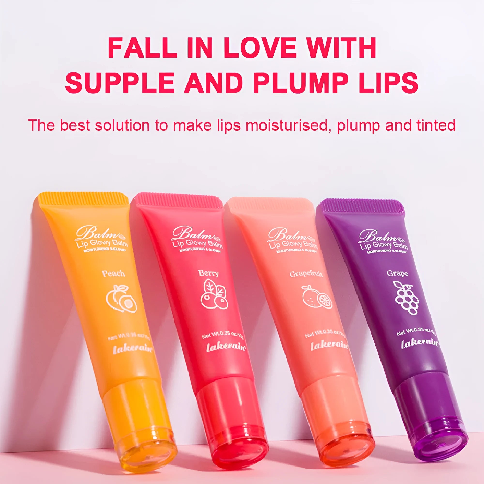 Women's lip gloss set with yellow peach, berry, pomelo and grape fruit flavour options