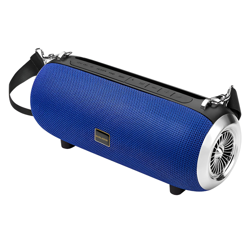 F666 square portable Bluetooth speaker with fabric mesh front, shoulder strap, and mobile phone on stand