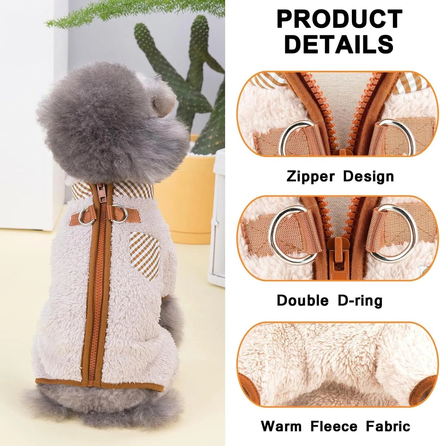 Small dog wearing a green fleece thermal jumpsuit coat with four legs and back zip closure.