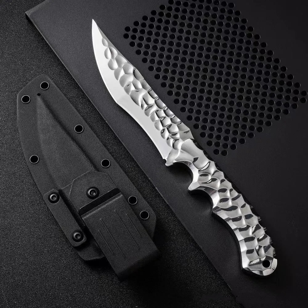 One-piece keel outdoor survival knife with 260mm full length, 140mm 5CR13 steel blade, and leather or K sheath