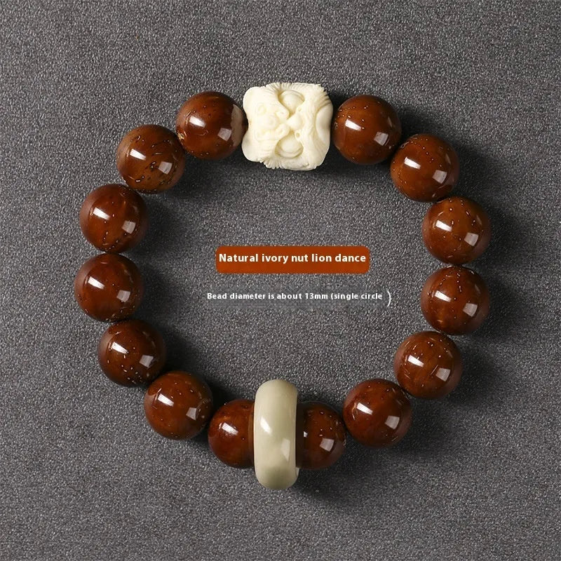 Hand-woven round bead bracelet in ivory nut lion style with 13mm beads
