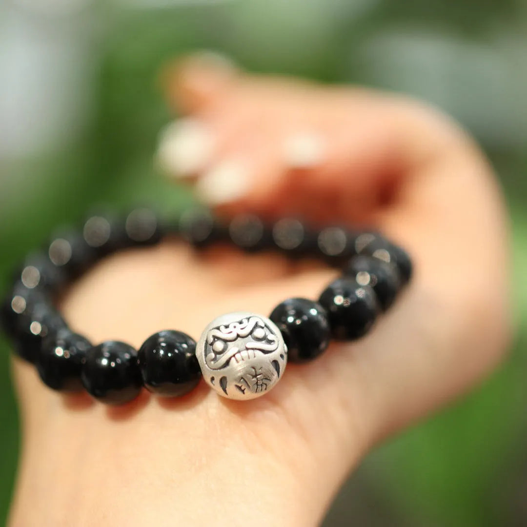 Chinese-style black agate bracelet with 10mm beads and sterling silver clasp