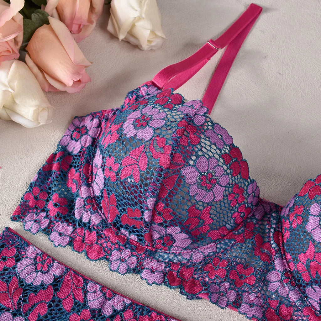 Rose red women's bikini set with embroidered and colour contrast design