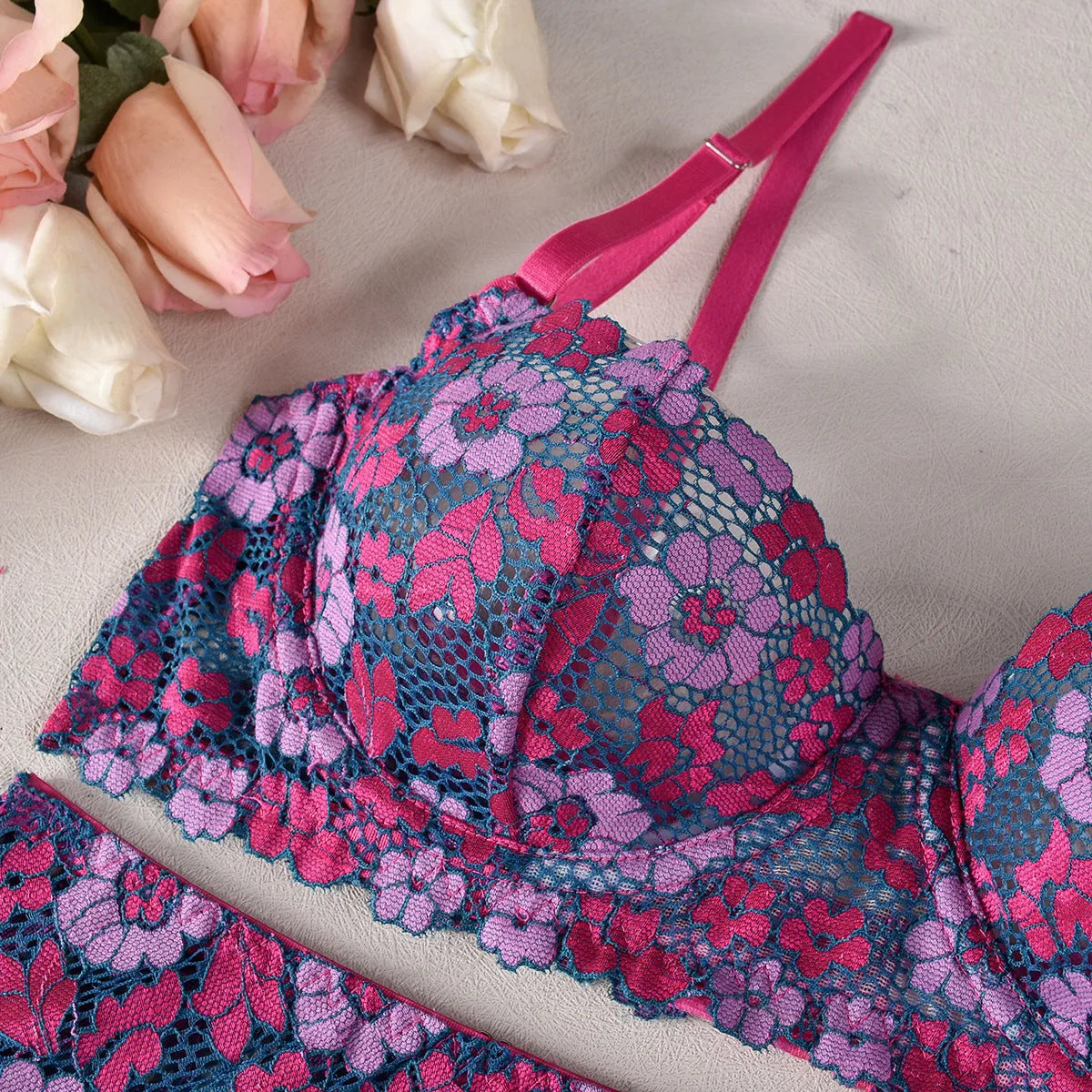 Rose red women's bikini set with embroidered and colour contrast design