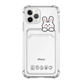 Transparent cartoon iPhone case with a built-in card holder slot.