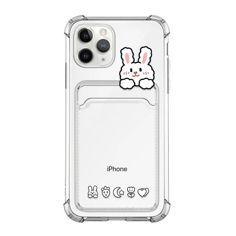 Transparent cartoon iPhone case with a built-in card holder slot.
