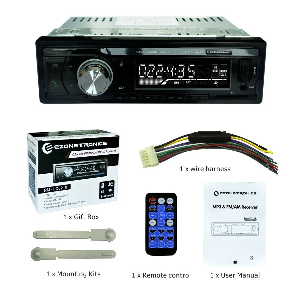 EZONETRONICS car stereo receiver with Bluetooth, USB and SD slots, front auxiliary input, and LCD display