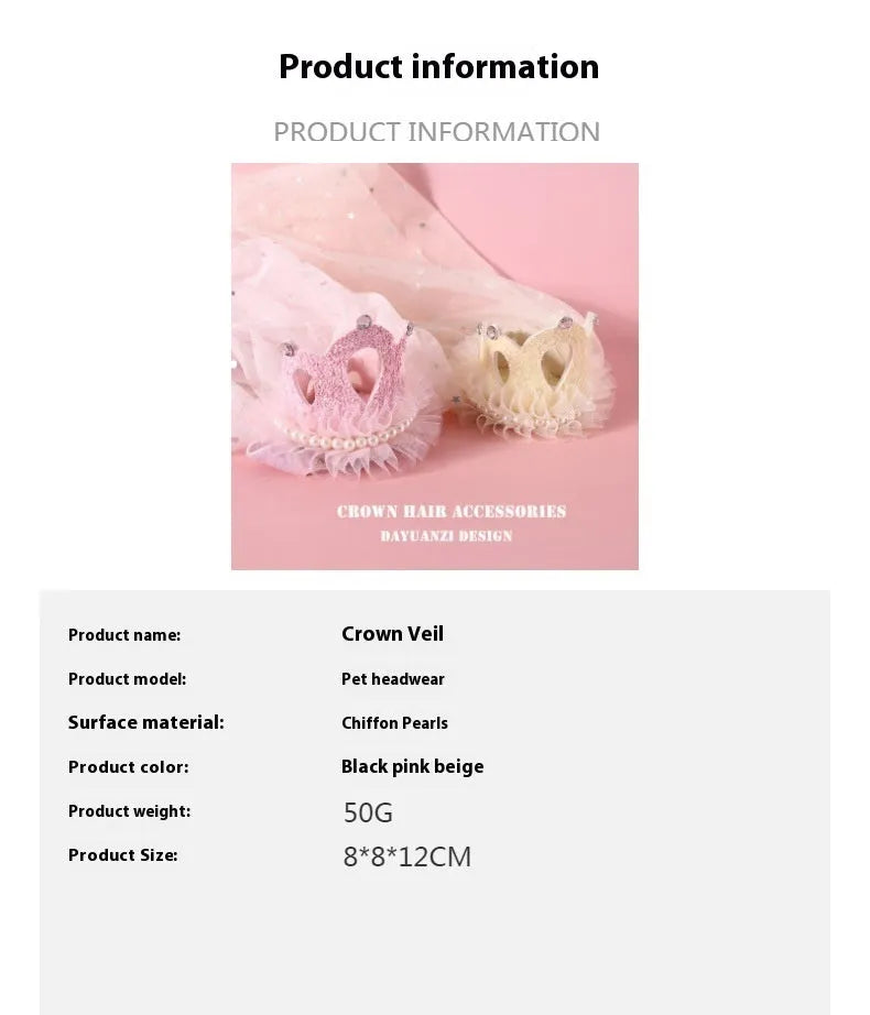 Cat wearing princess crown headdress with veil in beige or pink colour for wedding celebrations