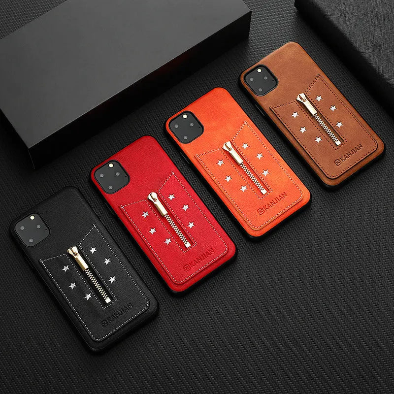 Black PU leather zipper phone case for iPhone showing anti-fingerprint finish and closed zip.