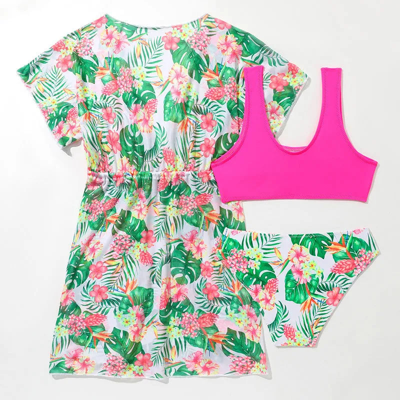 Girls' floral pattern two-piece swimsuit with polyester fabric in briefs style