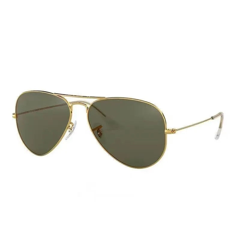 Tempered glass sunglasses with gold frame and dark green lenses for UV protection.