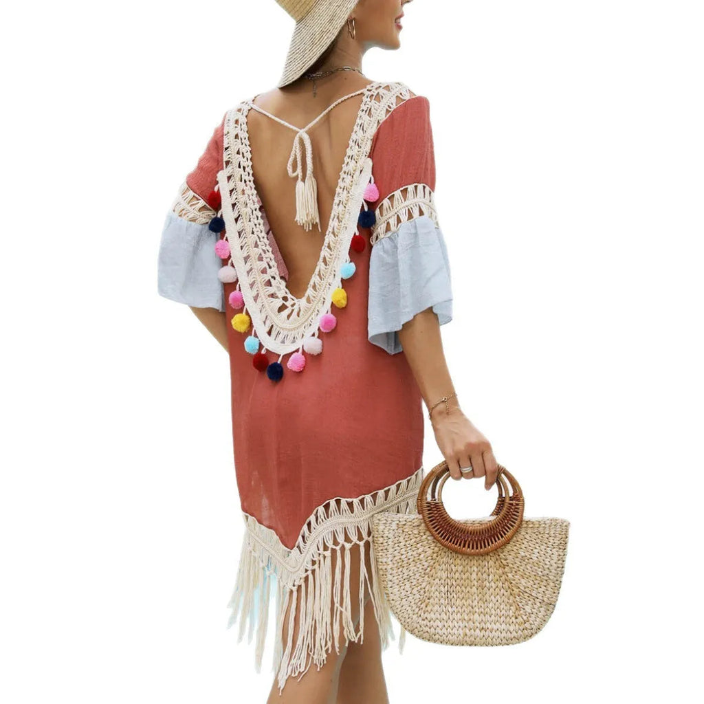 Orange floral beach overskirt with hand crochet stitching and tassels, shown with matching blouse.