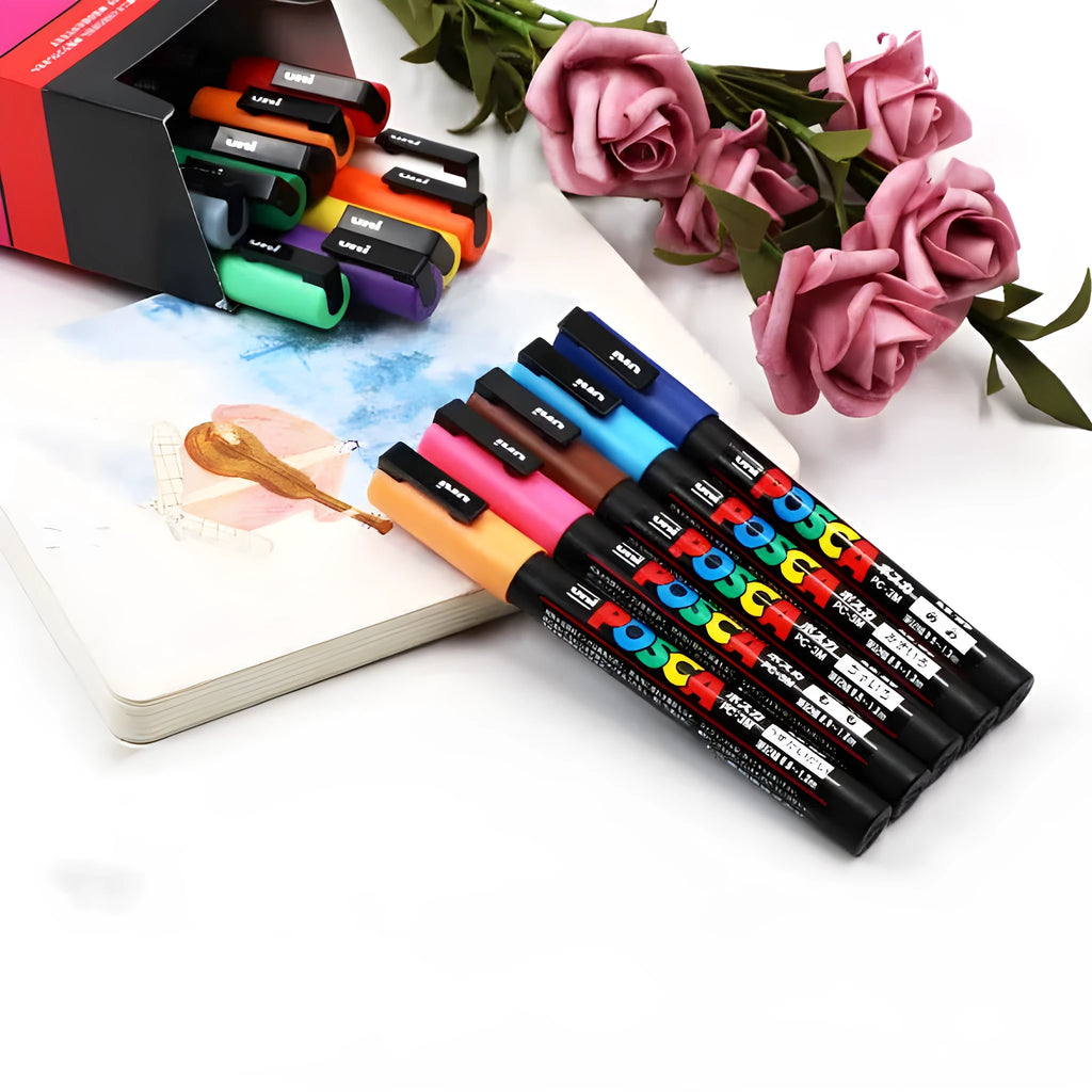 Acrylic marker pen set with 0.9mm nibs in plastic casing, showing colour options from 8 to 24 pens
