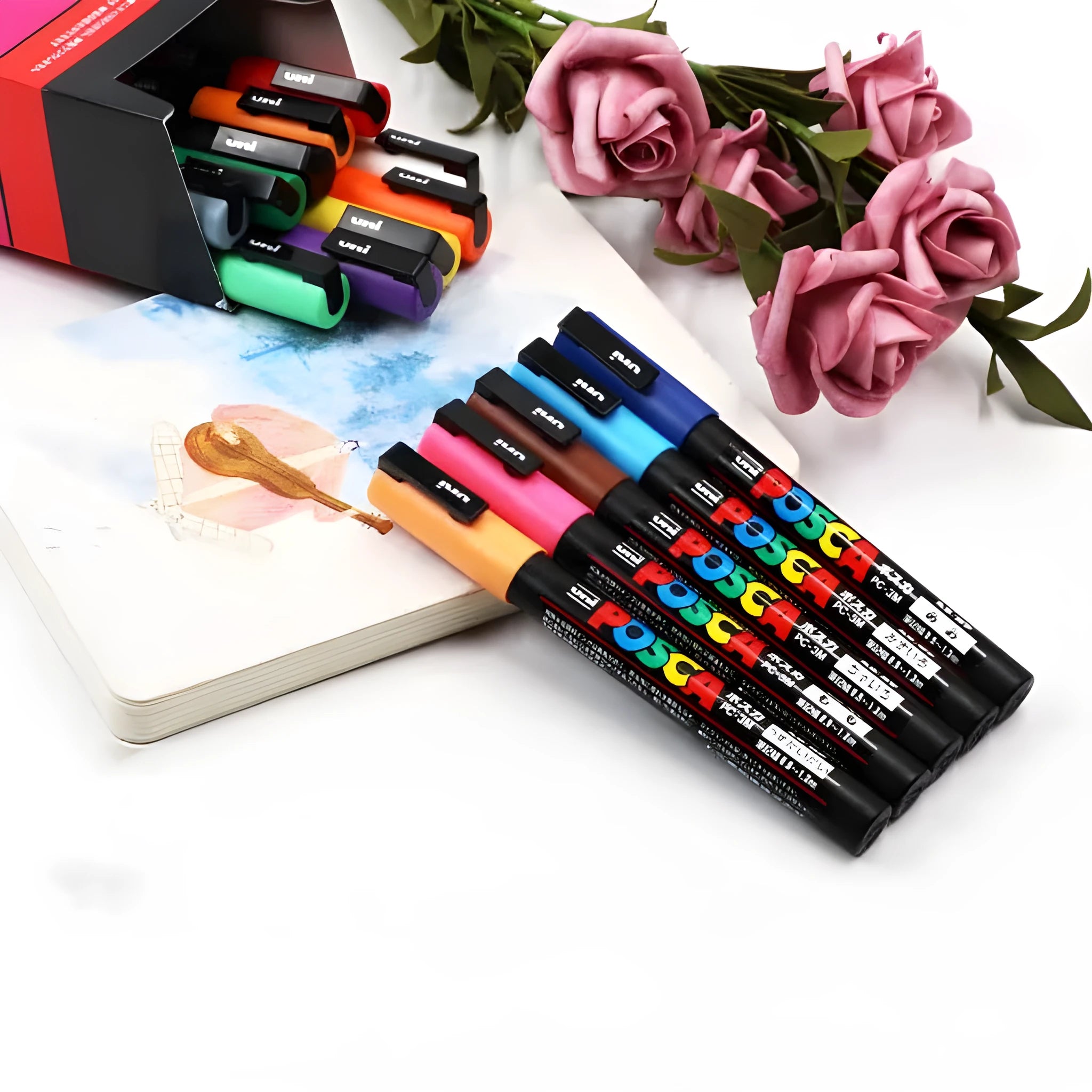 Acrylic marker pen set with 0.9mm nibs in plastic casing, showing colour options from 8 to 24 pens