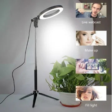 Self-Made Fill Light Artifact 5W LED ring light 20cm black with tripod and phone clip on desk