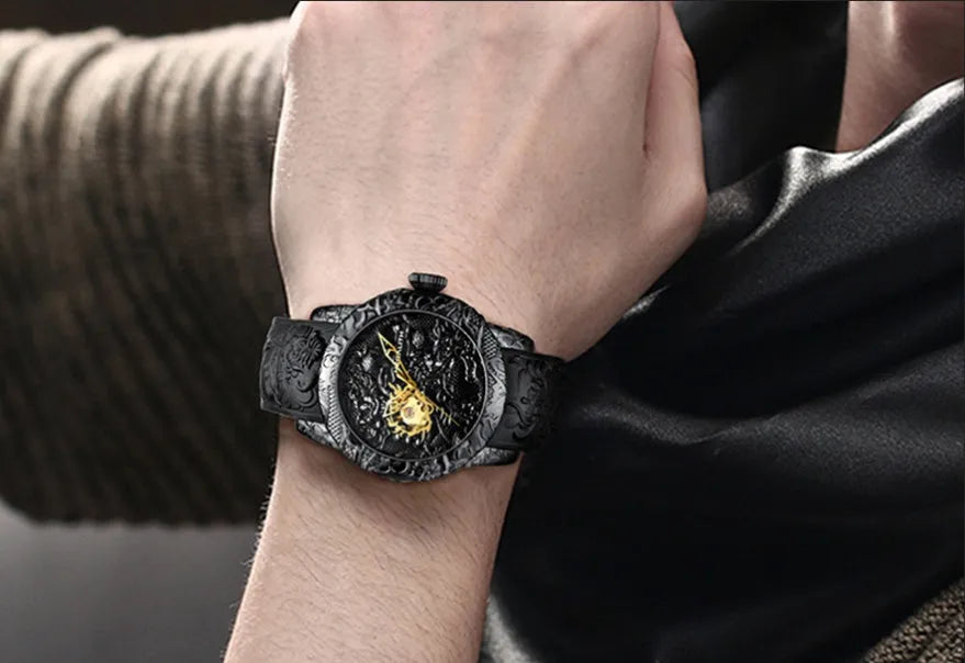 Dragon pattern mechanical watch with black rubber band, 50mm case, and gold accents, available in multiple colours.