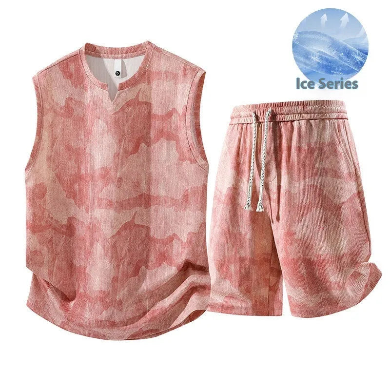 Casual sleeveless vest and fifth pants length shorts set for larger sizes in quick-dry fabric.
