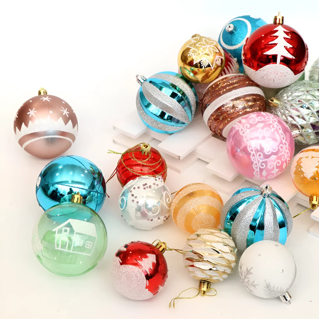 Pack of 24 hand painted 6cm Christmas tree ball ornaments in metallic and coloured finishes