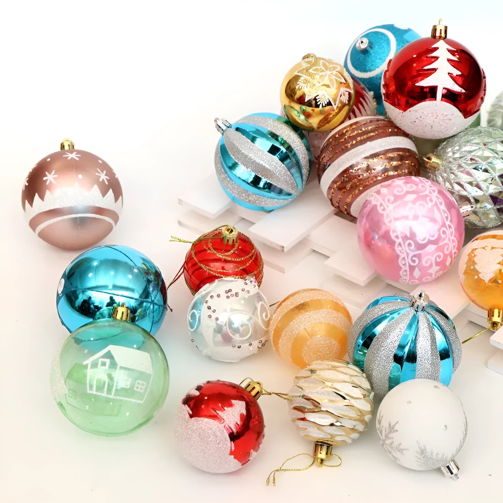 Pack of 24 hand painted 6cm Christmas tree ball ornaments in metallic and coloured finishes