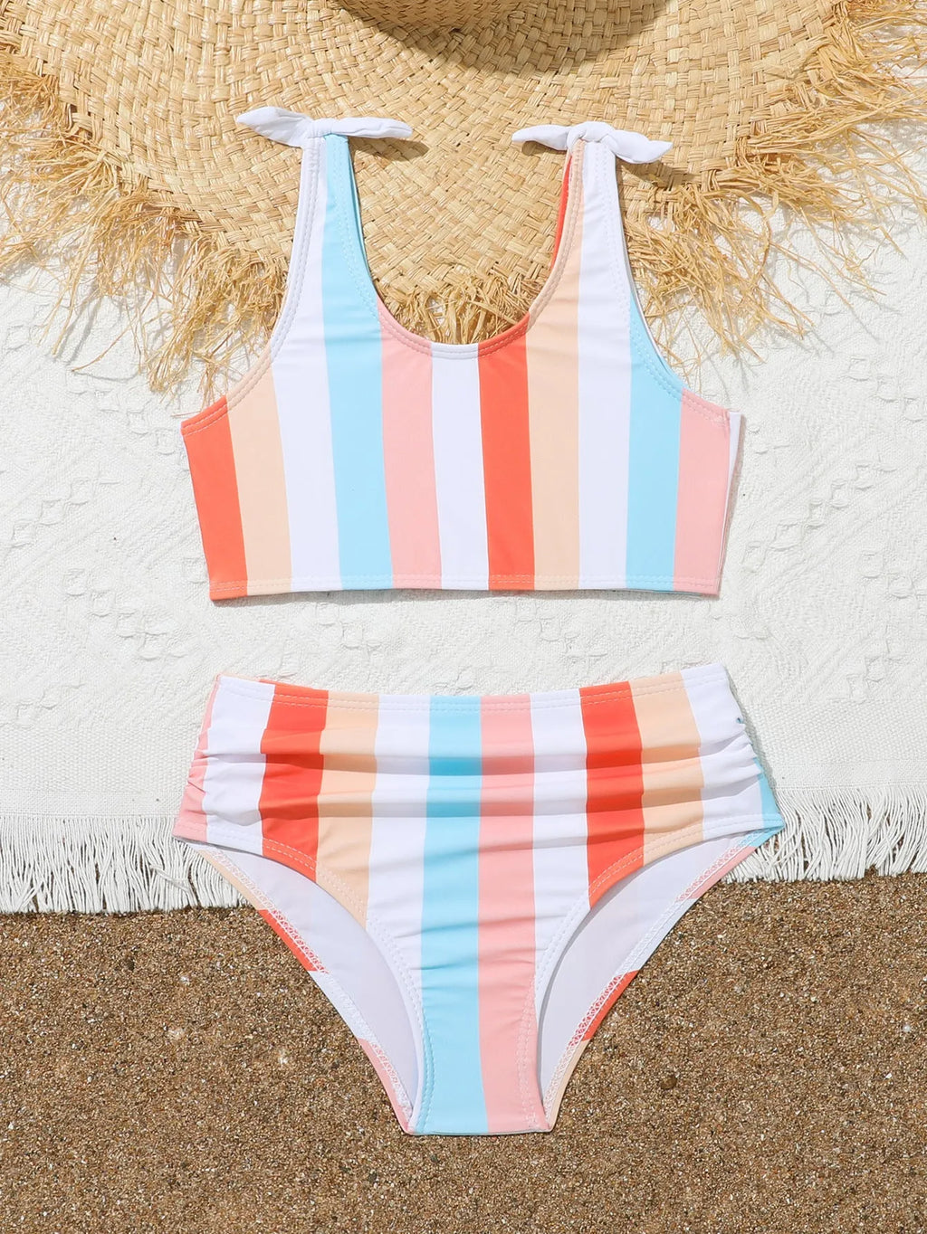 Girls' plaid print two-piece swimsuit set with bra top and briefs for swimming.