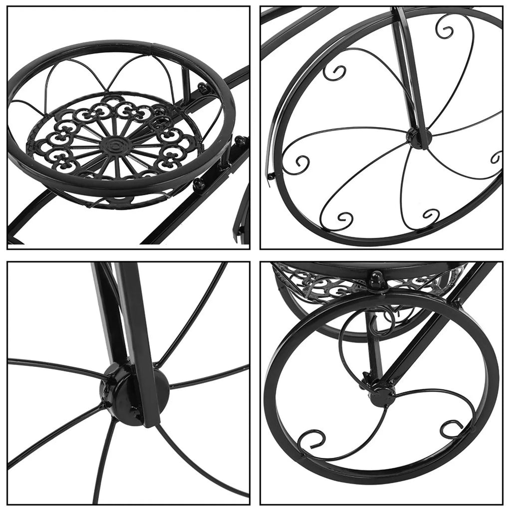 Black iron tricycle plant stand with three round basket holders for smaller planters in home, garden, or patio