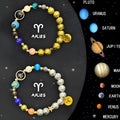 Two natural stone bead bracelets on a wrist, each with a different zodiac sign charm on a stretchy elastic cord.