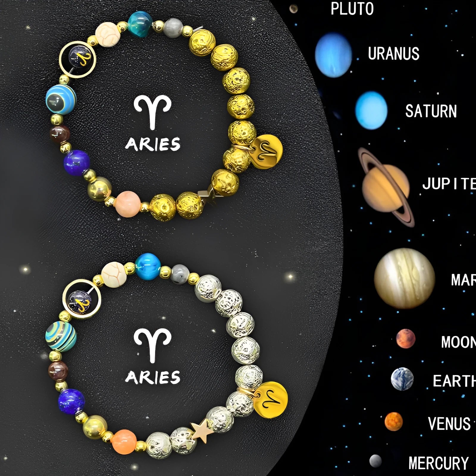 Two natural stone bead bracelets on a wrist, each with a different zodiac sign charm on a stretchy elastic cord.