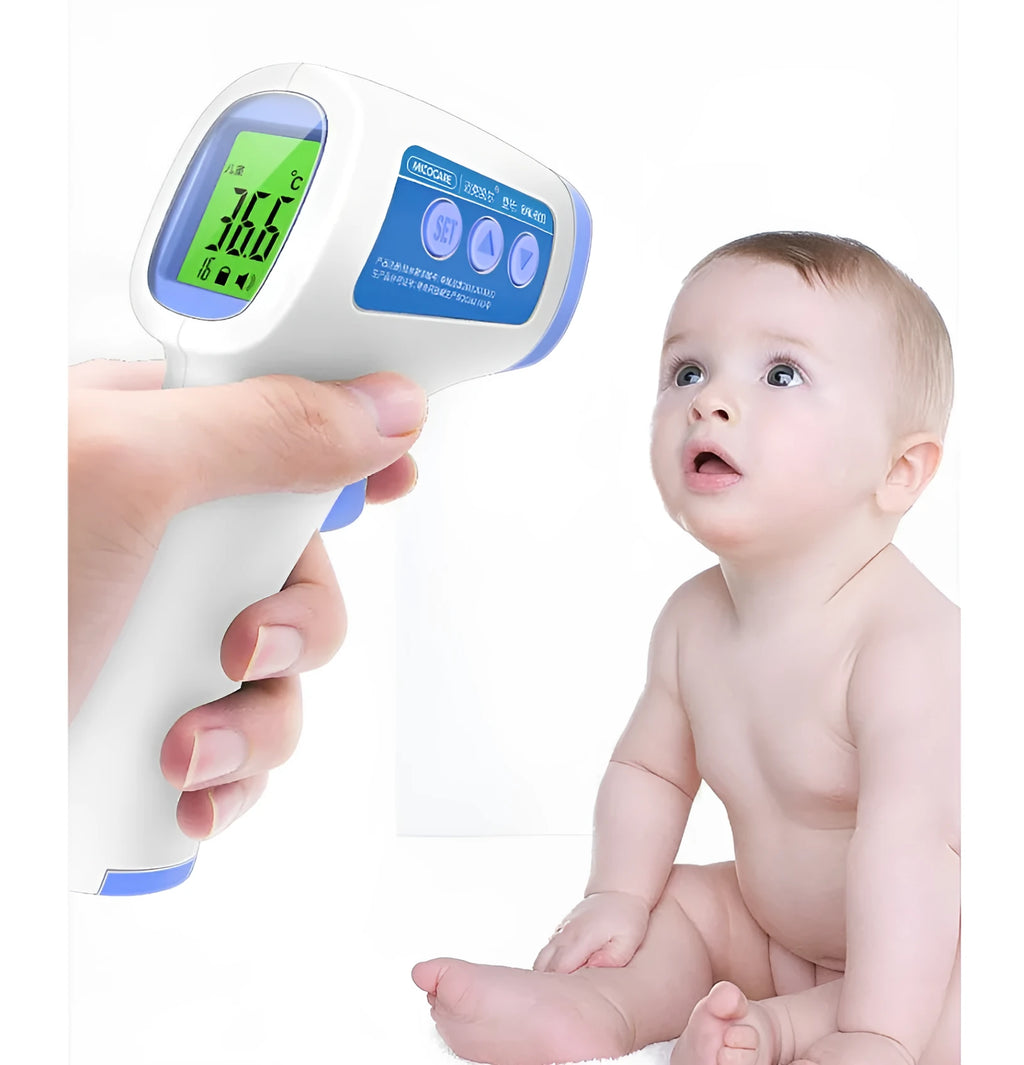 White RAK-FI03 non-contact infrared forehead thermometer with English interface and AAA battery compartment